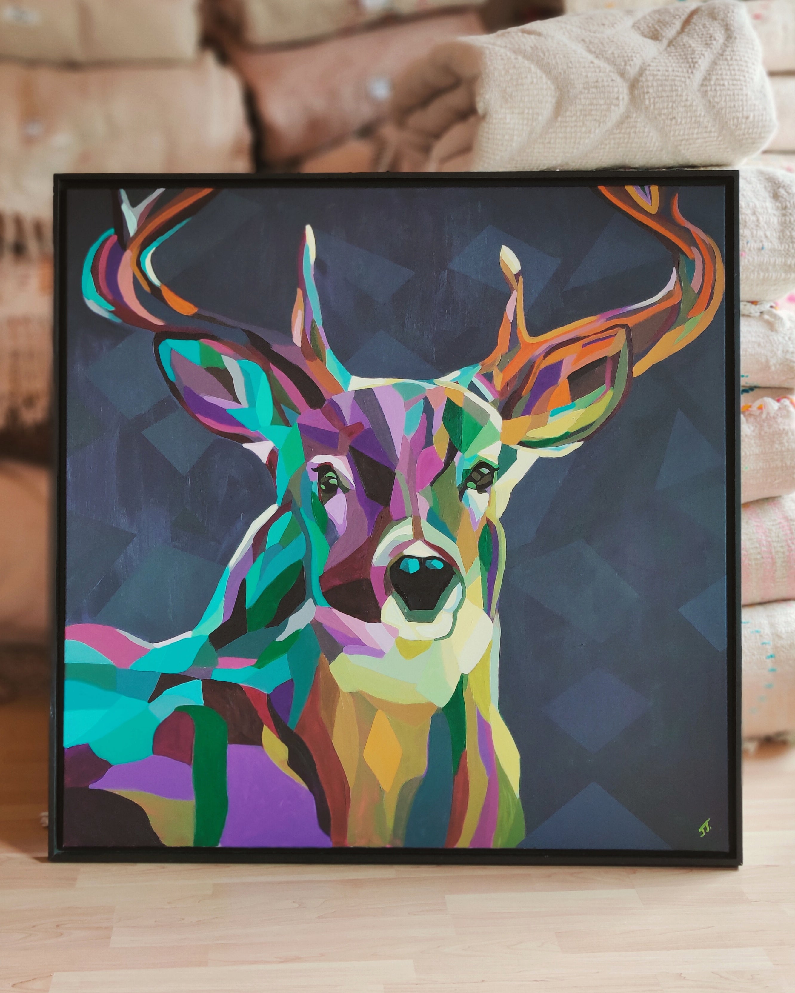 Hirsch Gemälde abstrakte Kunst by Jeannette Johannsen-Evans im Showroom Hedi Adahmani Davos