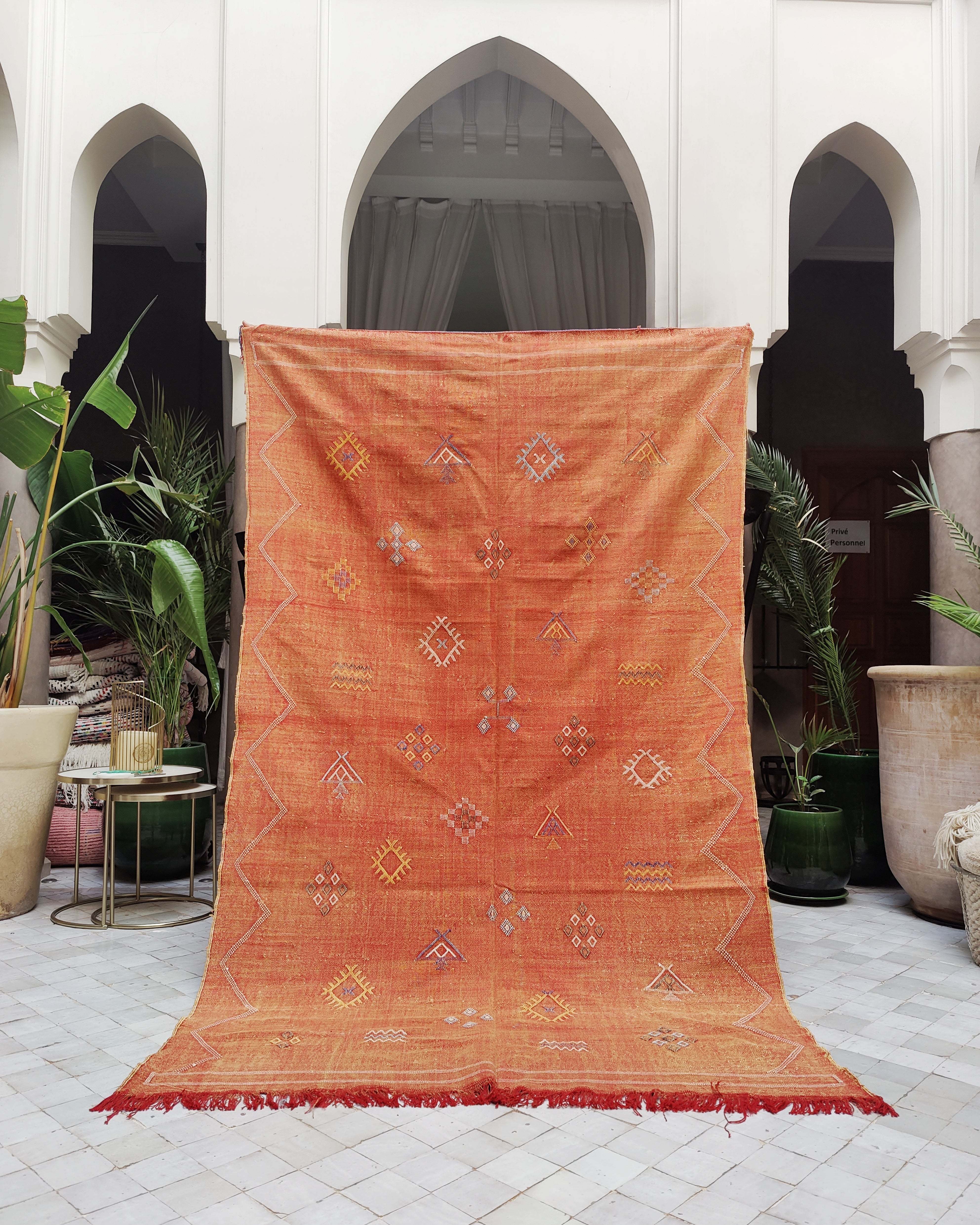 Rusty Red SABRA Berber Kilim Rug from Morocco with Embroidery 