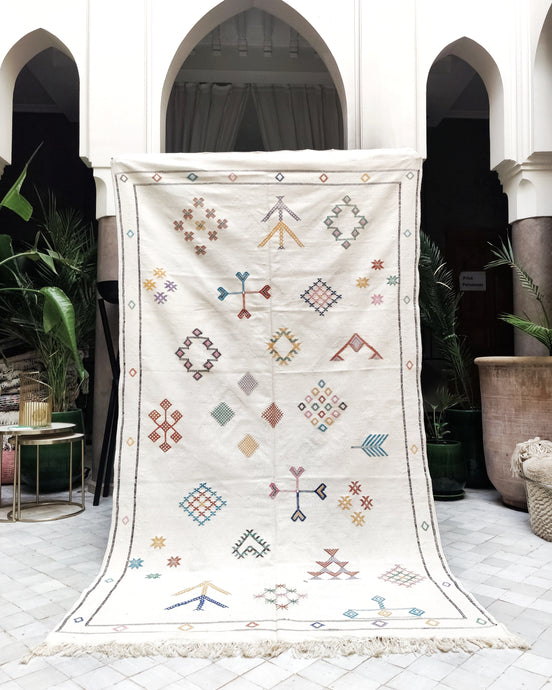 White Sabra Kilim Berber Carpet from Morocco with embroidery 