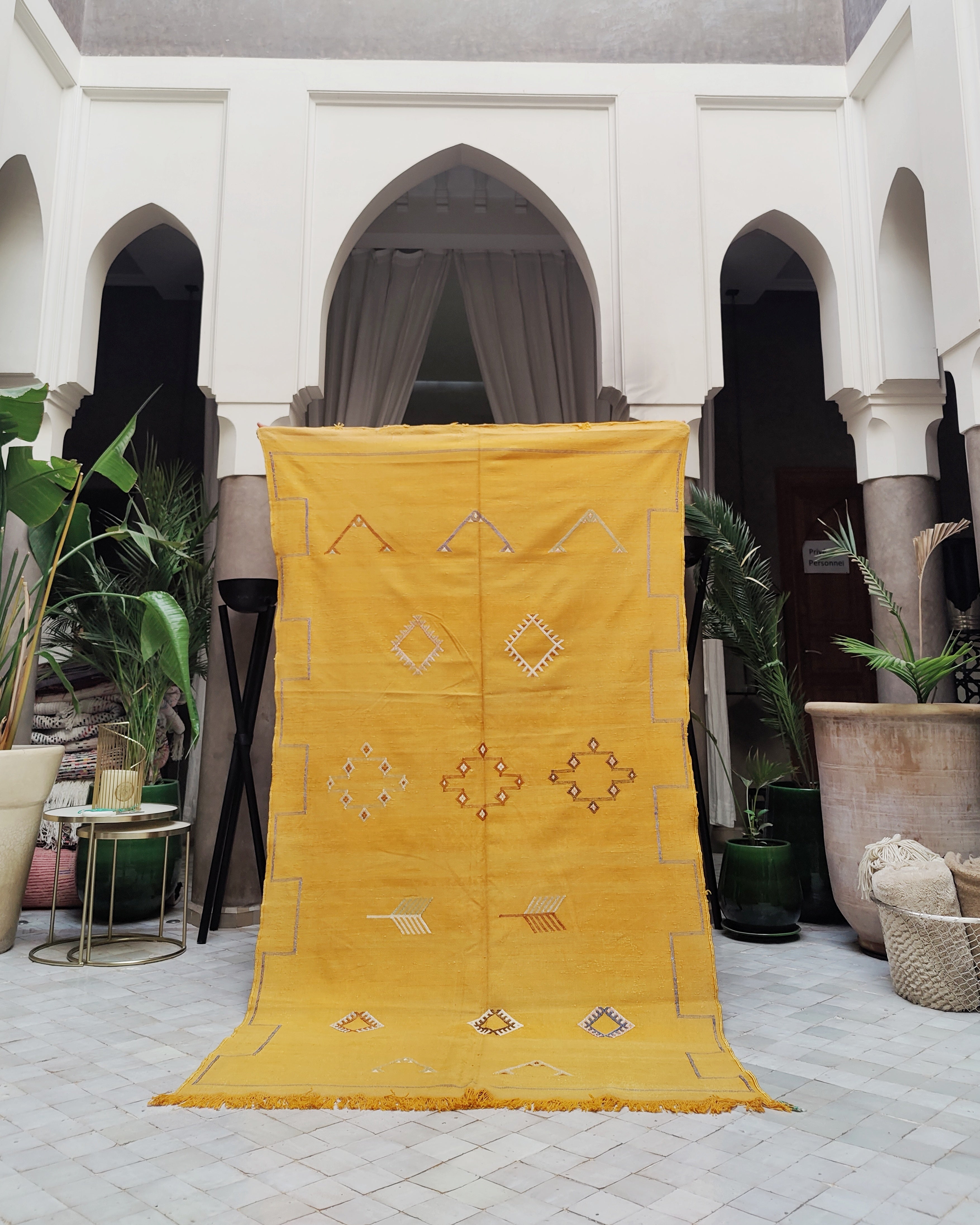 Sabra Kilim Rug from Morocco yellow embroidery 